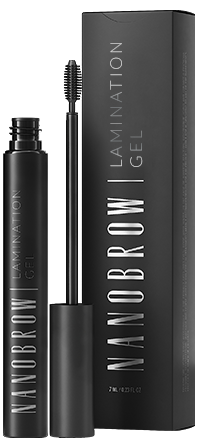 Gel de plastification Nanobrow dans un tube noir avec un pinceau ouvert, présenté à côté d'une boîte noire assortie avec le nom du produit imprimé verticalement en blanc.
